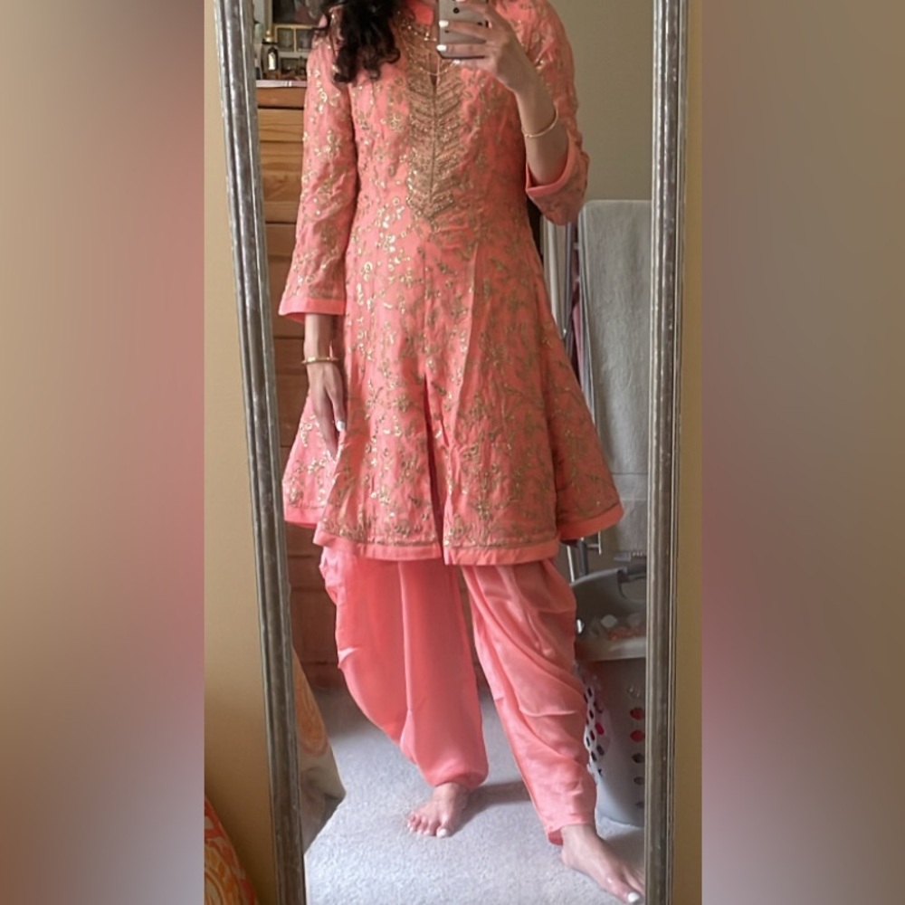 Indian Suit- Dhoti/Salwar- Elegant Pink/Peach and Gold Embroidered Dress